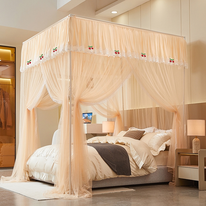 91家纺网 家纺一手货源 找家纺 雪姿家纺 2026新款刺绣花边落地宫廷外穿杆蚊帐-落地星星 刺绣花边星星-温柔杏色