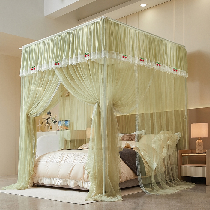 91家纺网 家纺一手货源 找家纺 雪姿家纺 2026新款刺绣花边落地宫廷外穿杆蚊帐-落地星星 刺绣花边星星-清爽茶绿