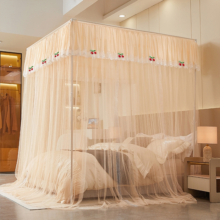 91家纺网 家纺一手货源 找家纺 雪姿家纺 2026新款刺绣花边落地宫廷外穿杆蚊帐-落地星星 刺绣花边星星-温柔杏色