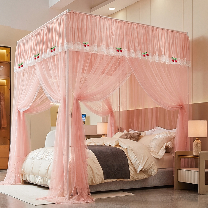 91家纺网 家纺一手货源 找家纺 雪姿家纺 2026新款刺绣花边落地宫廷外穿杆蚊帐-落地星星 刺绣花边星星-温馨粉玉