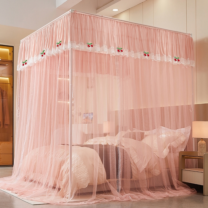 91家纺网 家纺一手货源 找家纺 雪姿家纺 2026新款刺绣花边落地宫廷外穿杆蚊帐-落地星星 刺绣花边星星-温馨粉玉