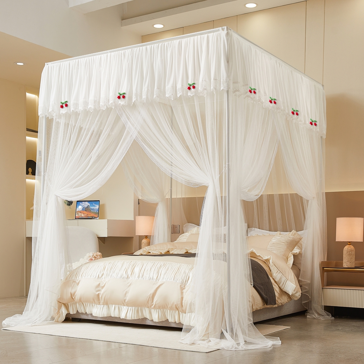 91家纺网 家纺一手货源 找家纺 雪姿家纺 2026新款刺绣花边落地宫廷外穿杆蚊帐-落地星星 刺绣花边星星-白色