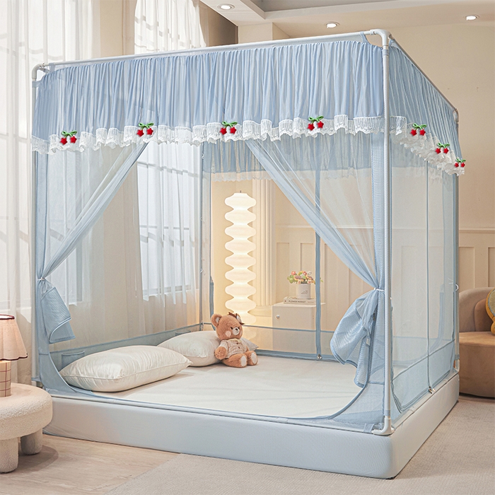 91家纺网 家纺一手货源 找家纺 （总）雪姿家纺 2026新款T+U型刺绣花边床笠回底款三开门外穿坐床蚊帐-坐床星星