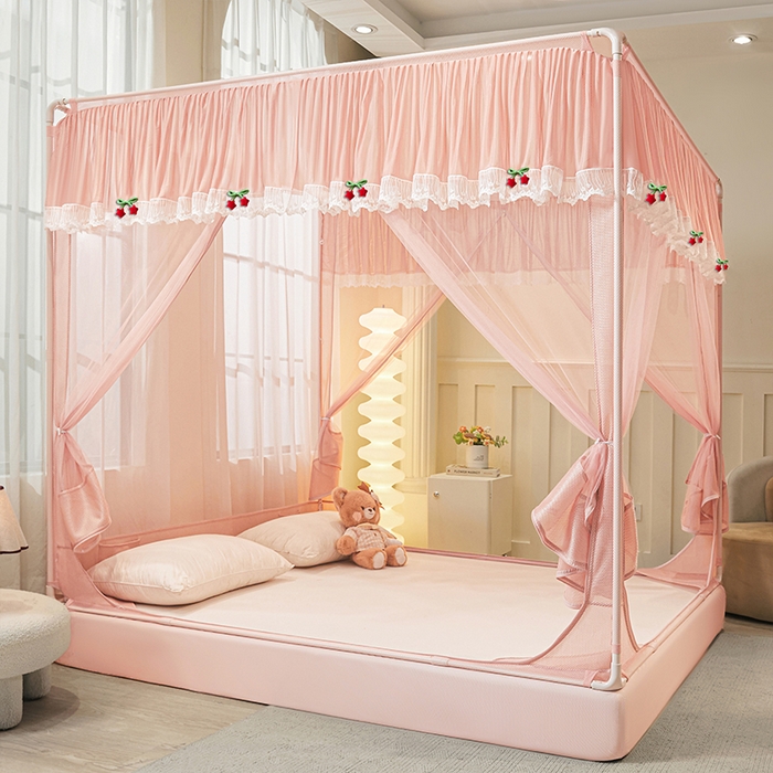 91家纺网 家纺一手货源 找家纺 （总）雪姿家纺 2026新款T+U型刺绣花边床笠回底款三开门外穿坐床蚊帐-坐床星星