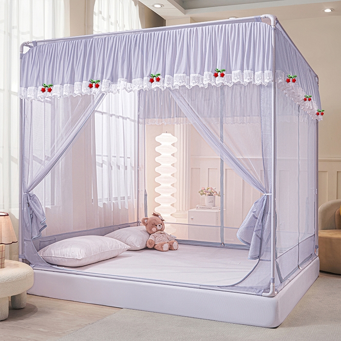 91家纺网 家纺一手货源 找家纺 （总）雪姿家纺 2026新款T+U型刺绣花边床笠回底款三开门外穿坐床蚊帐-坐床星星