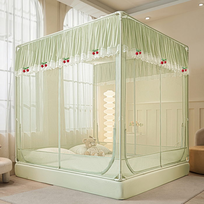 91家纺网 家纺一手货源 找家纺 雪姿家纺 2026新款T+U型刺绣花边床笠回底款三开门外穿坐床蚊帐-坐床星星 刺绣花边星星-清爽茶绿