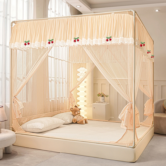 91家纺网 家纺一手货源 找家纺 （总）雪姿家纺 2026新款T+U型刺绣花边床笠回底款三开门外穿坐床蚊帐-坐床星星