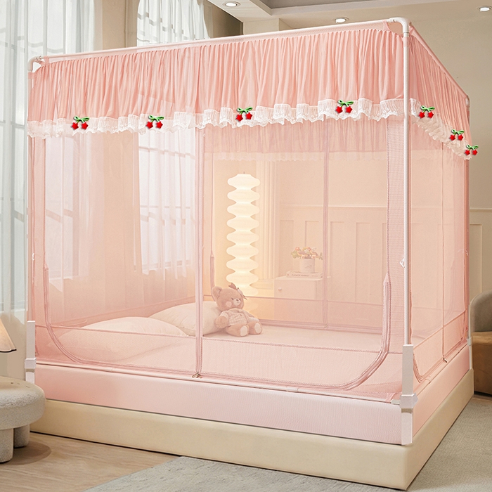 91家纺网 家纺一手货源 找家纺 雪姿家纺 2026新款T+U型刺绣花边床笠回底款三开门外穿坐床蚊帐-坐床星星 刺绣花边星星-温馨粉玉