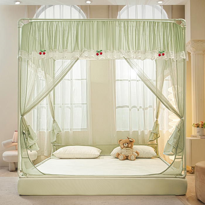 91家纺网 家纺一手货源 找家纺 雪姿家纺 2026新款T+U型刺绣花边床笠回底款三开门外穿坐床蚊帐-坐床星星 刺绣花边星星-清爽茶绿