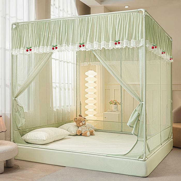 雪姿家纺 2026新款T+U型刺绣花边床笠回底款三开门外穿坐床蚊帐-坐床星星 刺绣花边星星-清爽茶绿