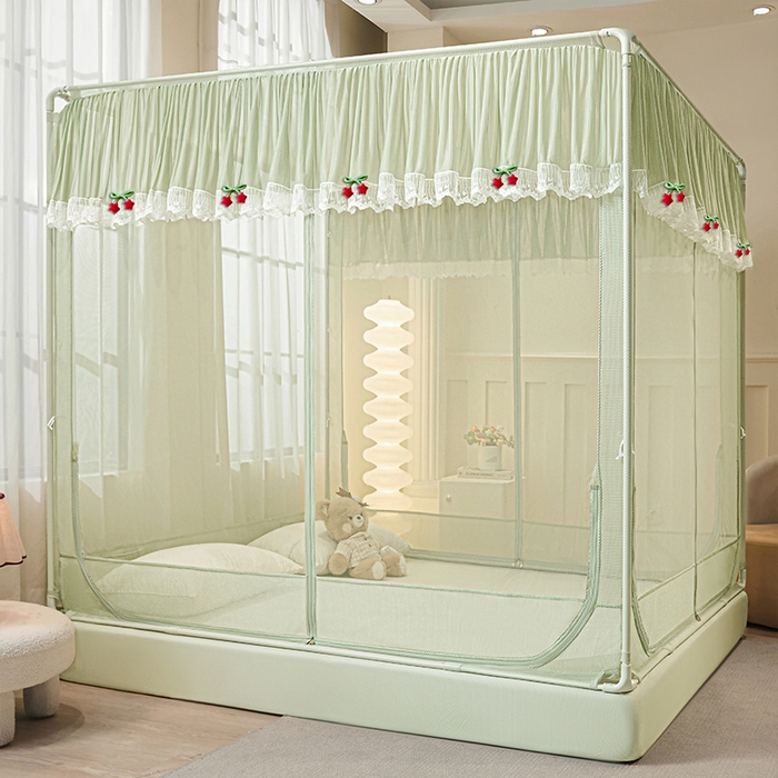 91家纺网 家纺一手货源 找家纺 雪姿家纺 2026新款T+U型刺绣花边床笠回底款三开门外穿坐床蚊帐-坐床星星 刺绣花边星星-清爽茶绿