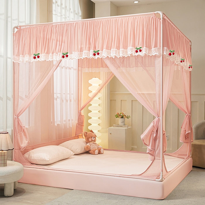 91家纺网 家纺一手货源 找家纺 雪姿家纺 2026新款T+U型刺绣花边床笠回底款三开门外穿坐床蚊帐-坐床星星 刺绣花边星星-温馨粉玉