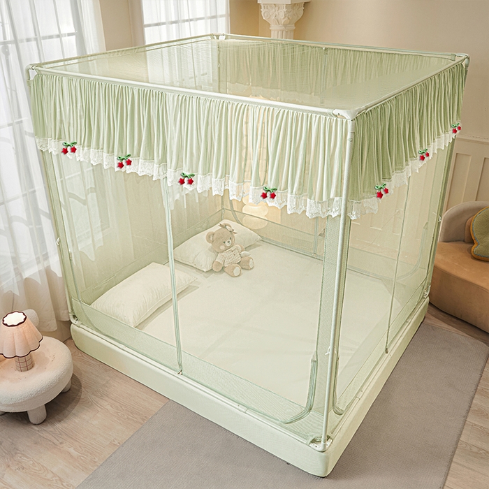 91家纺网 家纺一手货源 找家纺 雪姿家纺 2026新款T+U型刺绣花边床笠回底款三开门外穿坐床蚊帐-坐床星星 刺绣花边星星-清爽茶绿