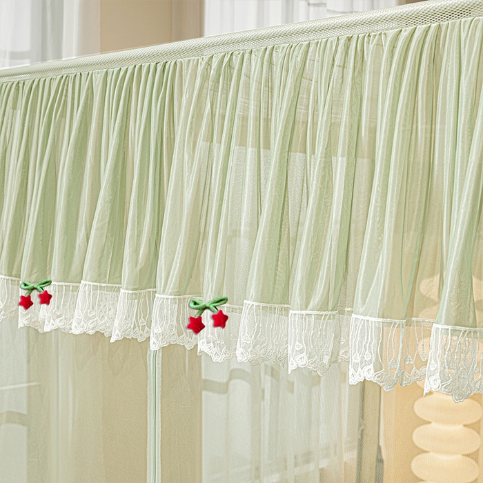 91家纺网 家纺一手货源 找家纺 雪姿家纺 2026新款T+U型刺绣花边床笠回底款三开门外穿坐床蚊帐-坐床星星 刺绣花边星星-清爽茶绿