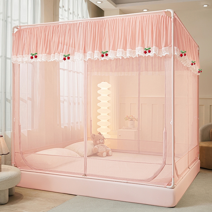 91家纺网 家纺一手货源 找家纺 雪姿家纺 2026新款T+U型刺绣花边床笠回底款三开门外穿坐床蚊帐-坐床星星 刺绣花边星星-温馨粉玉