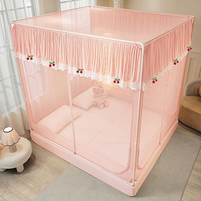 91家纺网 家纺一手货源 找家纺 雪姿家纺 2026新款T+U型刺绣花边床笠回底款三开门外穿坐床蚊帐-坐床星星 刺绣花边星星-温馨粉玉