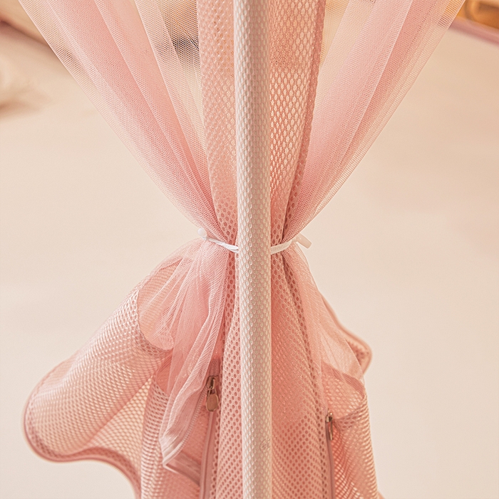 91家纺网 家纺一手货源 找家纺 雪姿家纺 2026新款T+U型刺绣花边床笠回底款三开门外穿坐床蚊帐-坐床星星 刺绣花边星星-温馨粉玉