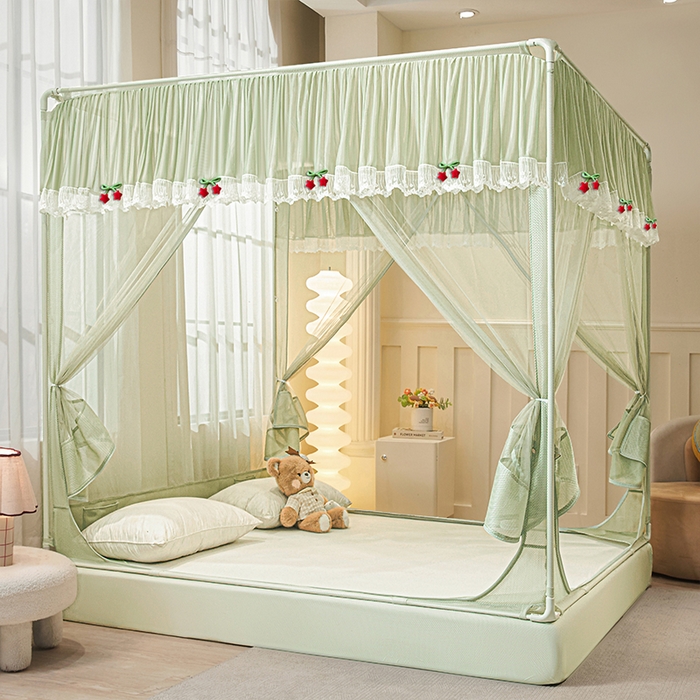 91家纺网 家纺一手货源 找家纺 雪姿家纺 2026新款T+U型刺绣花边床笠回底款三开门外穿坐床蚊帐-坐床星星 刺绣花边星星-清爽茶绿