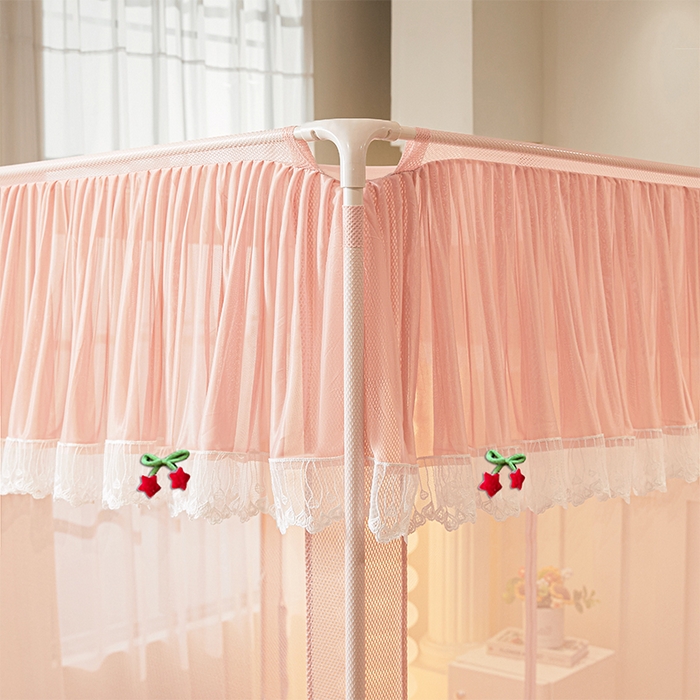 91家纺网 家纺一手货源 找家纺 雪姿家纺 2026新款T+U型刺绣花边床笠回底款三开门外穿坐床蚊帐-坐床星星 刺绣花边星星-温馨粉玉