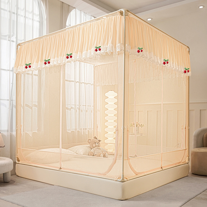 91家纺网 家纺一手货源 找家纺 雪姿家纺 2026新款T+U型刺绣花边床笠回底款三开门外穿坐床蚊帐-坐床星星 刺绣花边星星-温柔杏色