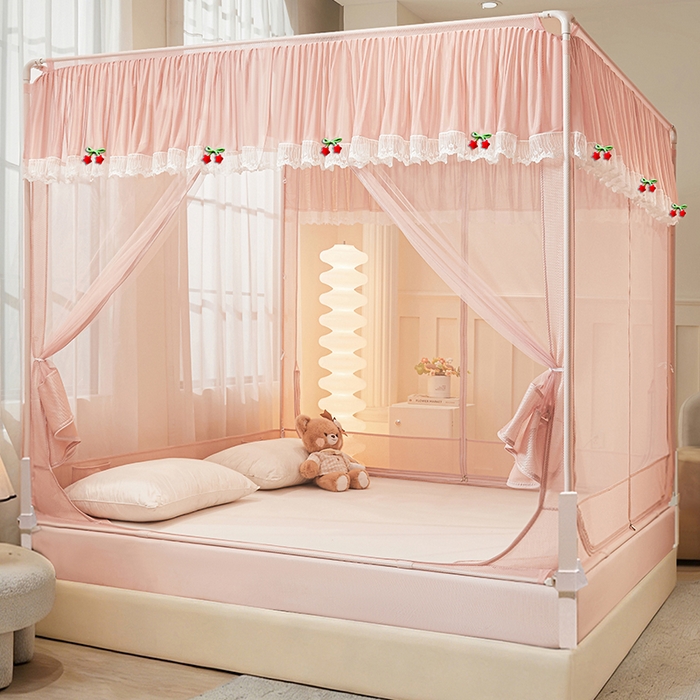 91家纺网 家纺一手货源 找家纺 雪姿家纺 2026新款T+U型刺绣花边床笠回底款三开门外穿坐床蚊帐-坐床星星 刺绣花边星星-温馨粉玉