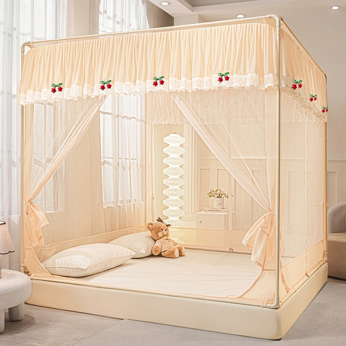 91家纺网 家纺一手货源 找家纺 雪姿家纺 2026新款T+U型刺绣花边床笠回底款三开门外穿坐床蚊帐-坐床星星 刺绣花边星星-温柔杏色