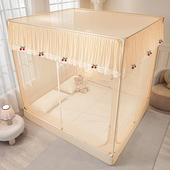 91家纺网 家纺一手货源 找家纺 雪姿家纺 2026新款T+U型刺绣花边床笠回底款三开门外穿坐床蚊帐-坐床星星 刺绣花边星星-温柔杏色