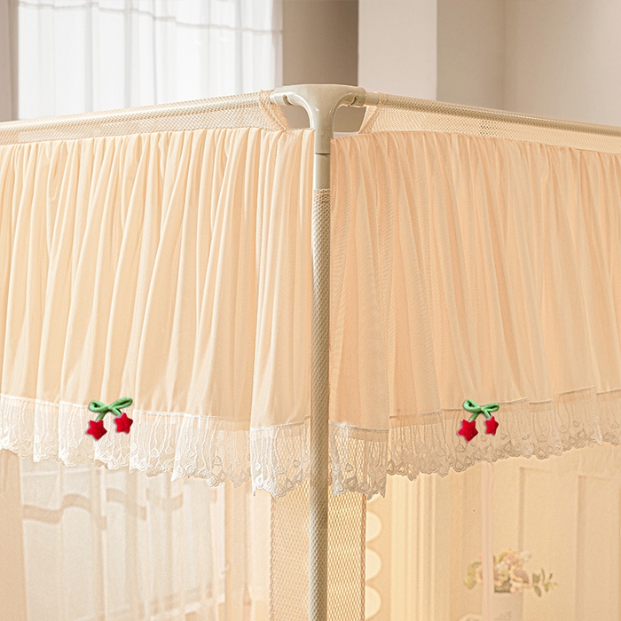 91家纺网 家纺一手货源 找家纺 雪姿家纺 2026新款T+U型刺绣花边床笠回底款三开门外穿坐床蚊帐-坐床星星 刺绣花边星星-温柔杏色