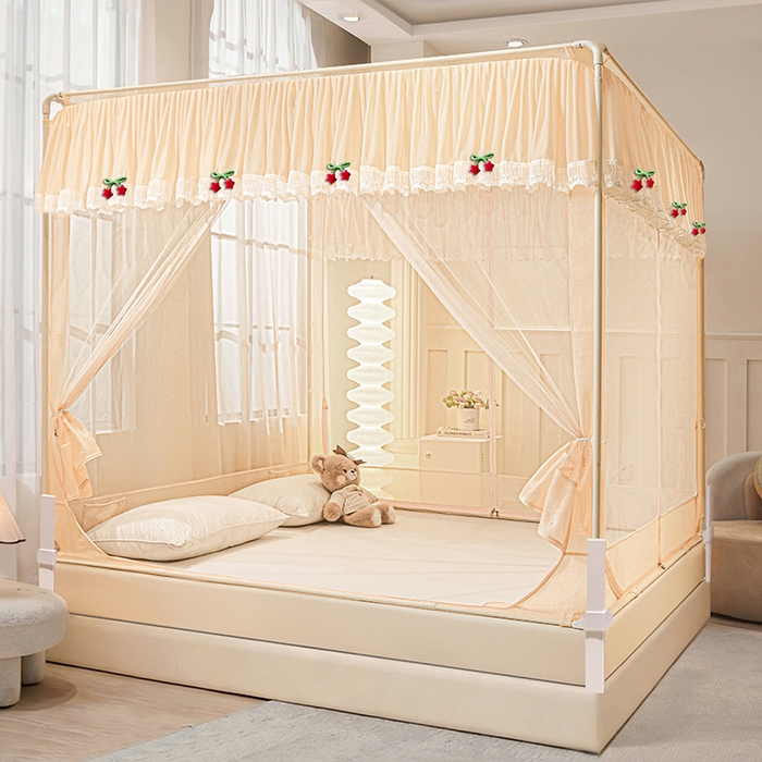 91家纺网 家纺一手货源 找家纺 雪姿家纺 2026新款T+U型刺绣花边床笠回底款三开门外穿坐床蚊帐-坐床星星 刺绣花边星星-温柔杏色