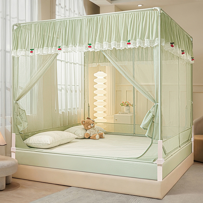 91家纺网 家纺一手货源 找家纺 雪姿家纺 2026新款T+U型刺绣花边床笠回底款三开门外穿坐床蚊帐-坐床星星 刺绣花边星星-清爽茶绿