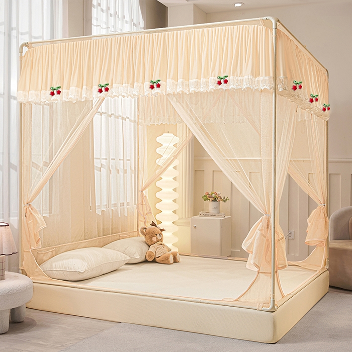 91家纺网 家纺一手货源 找家纺 雪姿家纺 2026新款T+U型刺绣花边床笠回底款三开门外穿坐床蚊帐-坐床星星 刺绣花边星星-温柔杏色