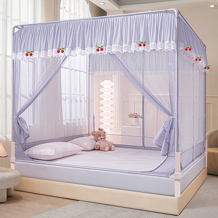 91家纺网 家纺一手货源 找家纺 雪姿家纺 2026新款T+U型刺绣花边床笠回底款三开门外穿坐床蚊帐-坐床星星 刺绣花边星星-烟岚紫灰