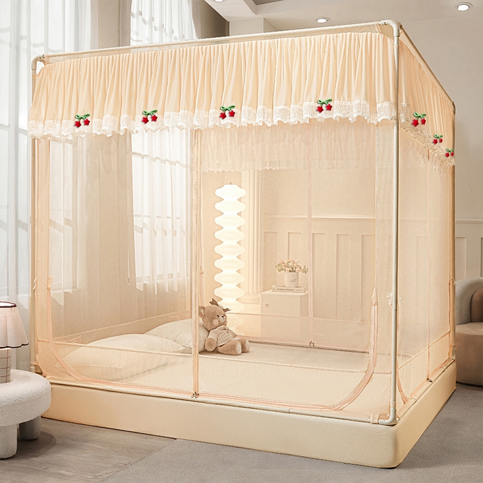 91家纺网 家纺一手货源 找家纺 雪姿家纺 2026新款T+U型刺绣花边床笠回底款三开门外穿坐床蚊帐-坐床星星 刺绣花边星星-温柔杏色