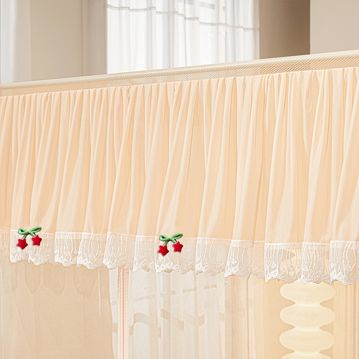 91家纺网 家纺一手货源 找家纺 雪姿家纺 2026新款T+U型刺绣花边床笠回底款三开门外穿坐床蚊帐-坐床星星 刺绣花边星星-温柔杏色