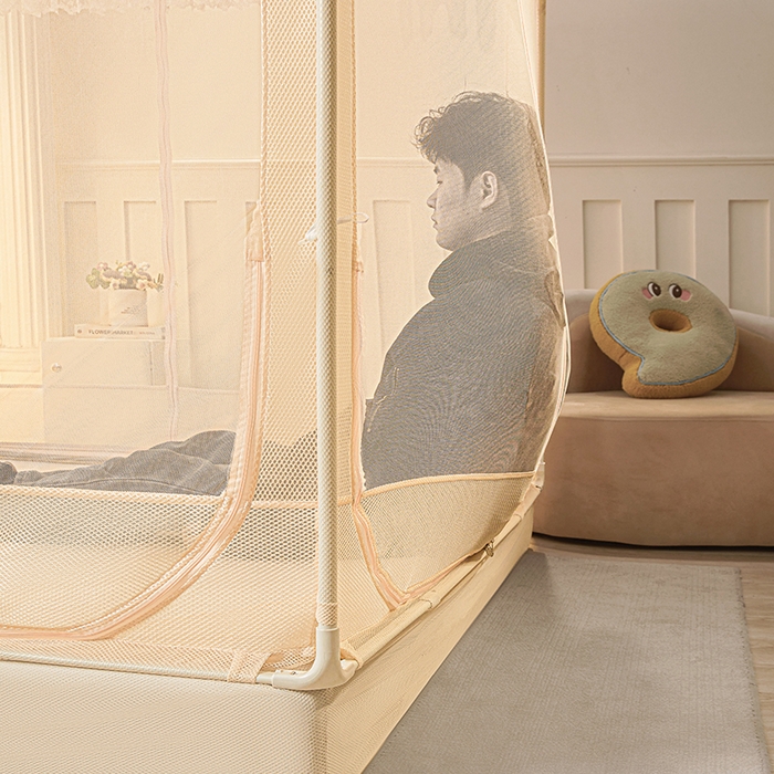 91家纺网 家纺一手货源 找家纺 雪姿家纺 2026新款T+U型刺绣花边床笠回底款三开门外穿坐床蚊帐-坐床星星 刺绣花边星星-温柔杏色