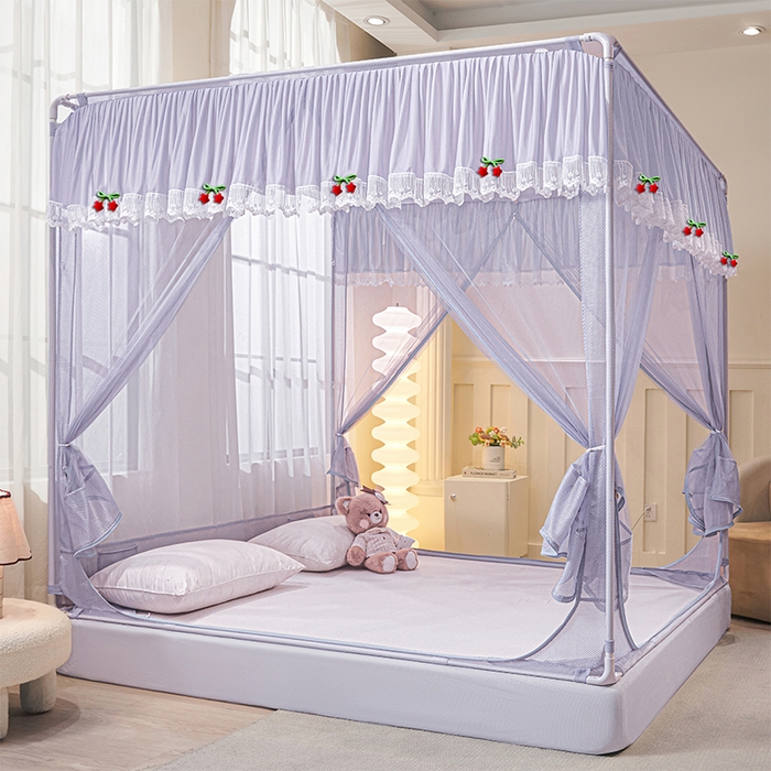 91家纺网 家纺一手货源 找家纺 雪姿家纺 2026新款T+U型刺绣花边床笠回底款三开门外穿坐床蚊帐-坐床星星 刺绣花边星星-烟岚紫灰