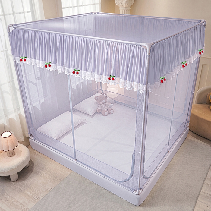 91家纺网 家纺一手货源 找家纺 雪姿家纺 2026新款T+U型刺绣花边床笠回底款三开门外穿坐床蚊帐-坐床星星 刺绣花边星星-烟岚紫灰