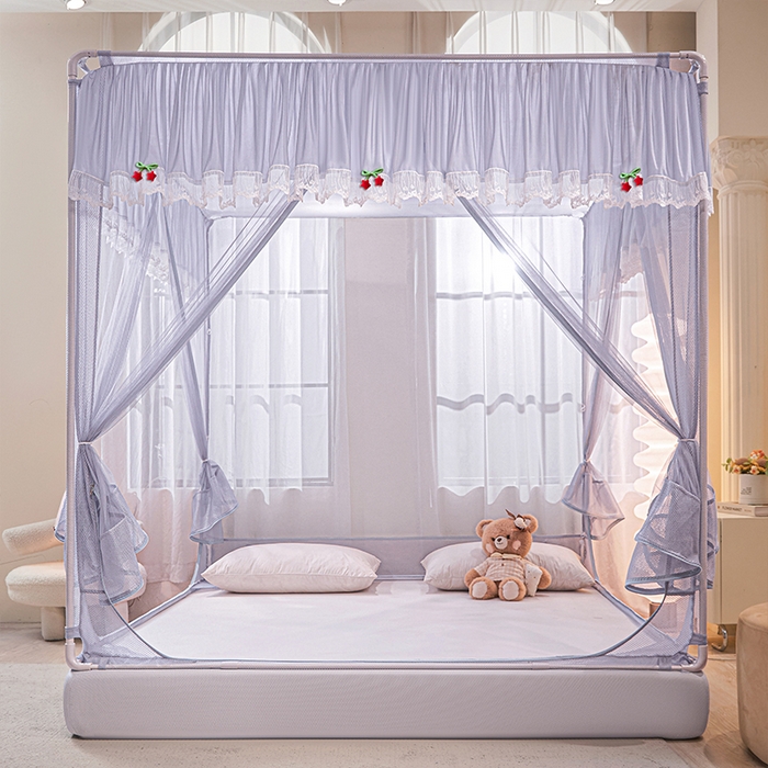 91家纺网 家纺一手货源 找家纺 雪姿家纺 2026新款T+U型刺绣花边床笠回底款三开门外穿坐床蚊帐-坐床星星 刺绣花边星星-烟岚紫灰