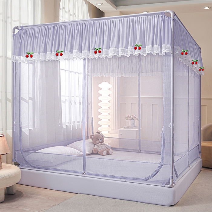 91家纺网 家纺一手货源 找家纺 雪姿家纺 2026新款T+U型刺绣花边床笠回底款三开门外穿坐床蚊帐-坐床星星 刺绣花边星星-烟岚紫灰