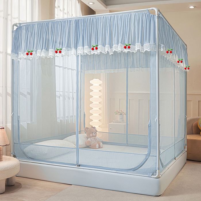 91家纺网 家纺一手货源 找家纺 雪姿家纺 2026新款T+U型刺绣花边床笠回底款三开门外穿坐床蚊帐-坐床星星 刺绣花边星星-高雅蓝灰