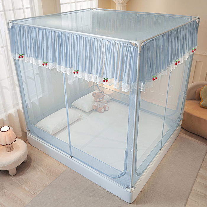 91家纺网 家纺一手货源 找家纺 雪姿家纺 2026新款T+U型刺绣花边床笠回底款三开门外穿坐床蚊帐-坐床星星 刺绣花边星星-高雅蓝灰