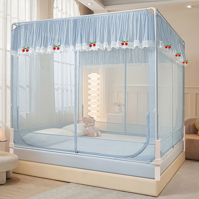 91家纺网 家纺一手货源 找家纺 雪姿家纺 2026新款T+U型刺绣花边床笠回底款三开门外穿坐床蚊帐-坐床星星 刺绣花边星星-高雅蓝灰