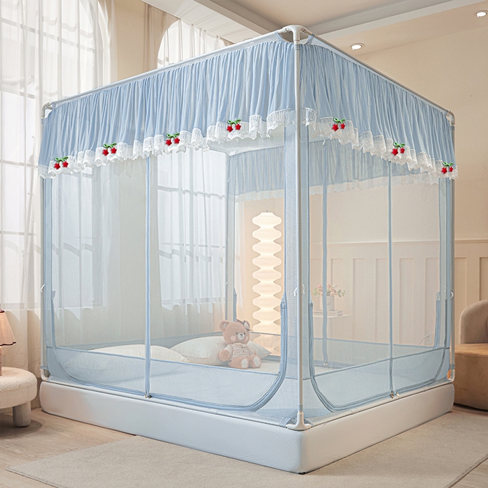 91家纺网 家纺一手货源 找家纺 雪姿家纺 2026新款T+U型刺绣花边床笠回底款三开门外穿坐床蚊帐-坐床星星 刺绣花边星星-高雅蓝灰