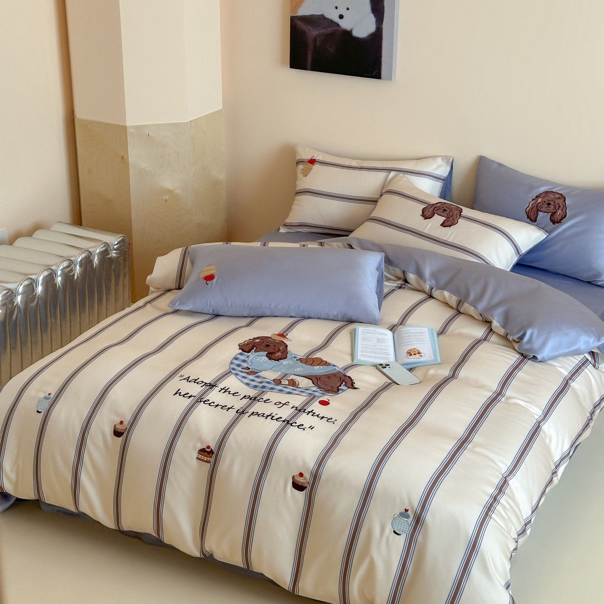 91家纺网 家纺一手货源 找家纺 风向标家纺 2026春夏新款兰精60s数码条纹天丝绣花四件套 海盐慕斯