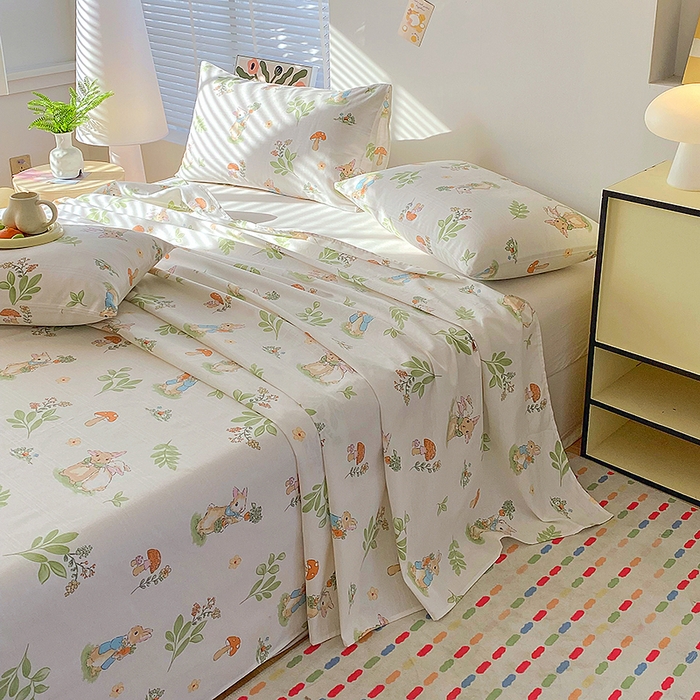 91家纺网 家纺一手货源 找家纺 云玲时尚 2026新款原棉细纱老粗布席子凉席单床单床单单件 蘑菇小兔