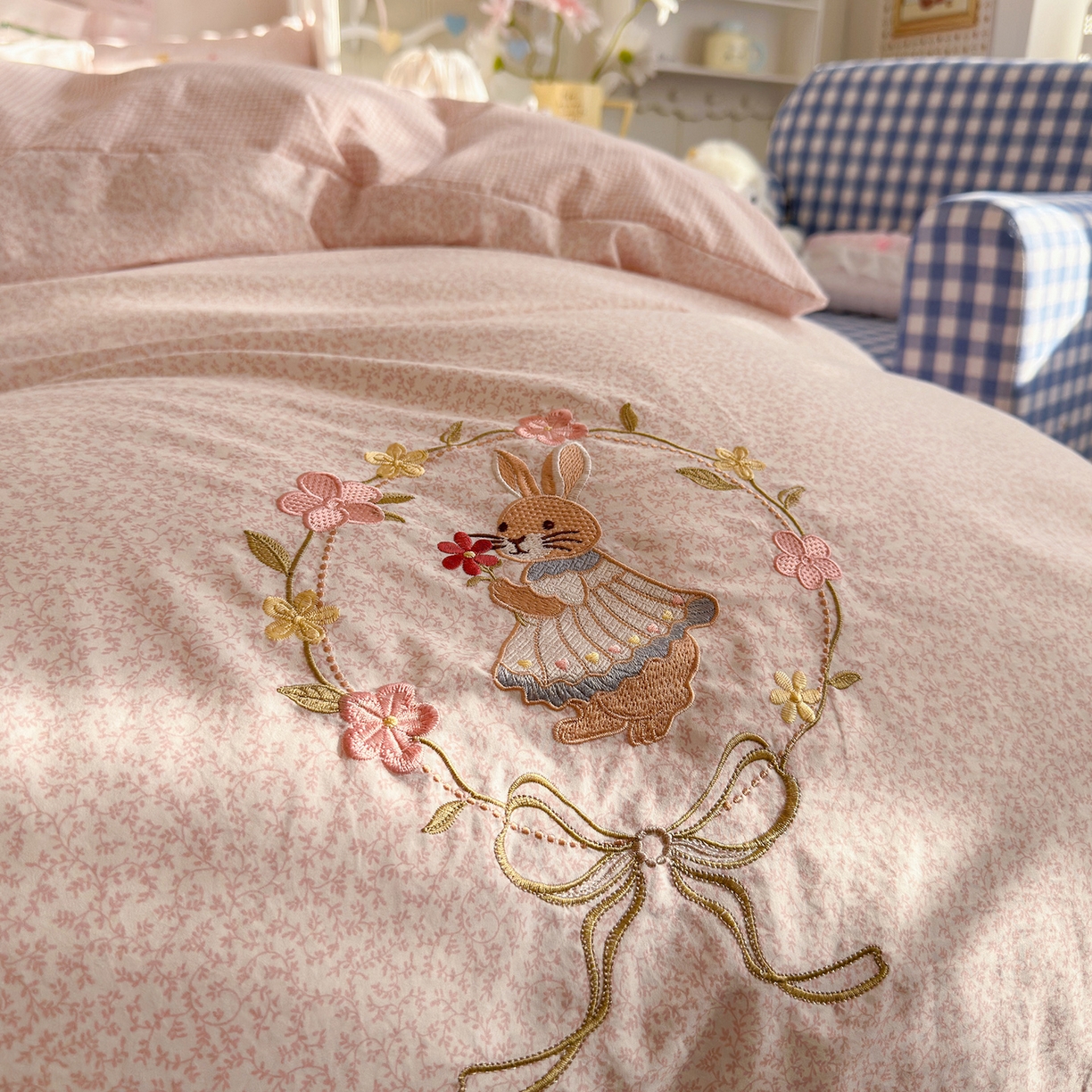 91家纺网 家纺一手货源 找家纺 金梦拉家纺 2026春夏新款刺绣碎花仿棉水洗棉小清新系列四件套 花园兔-粉