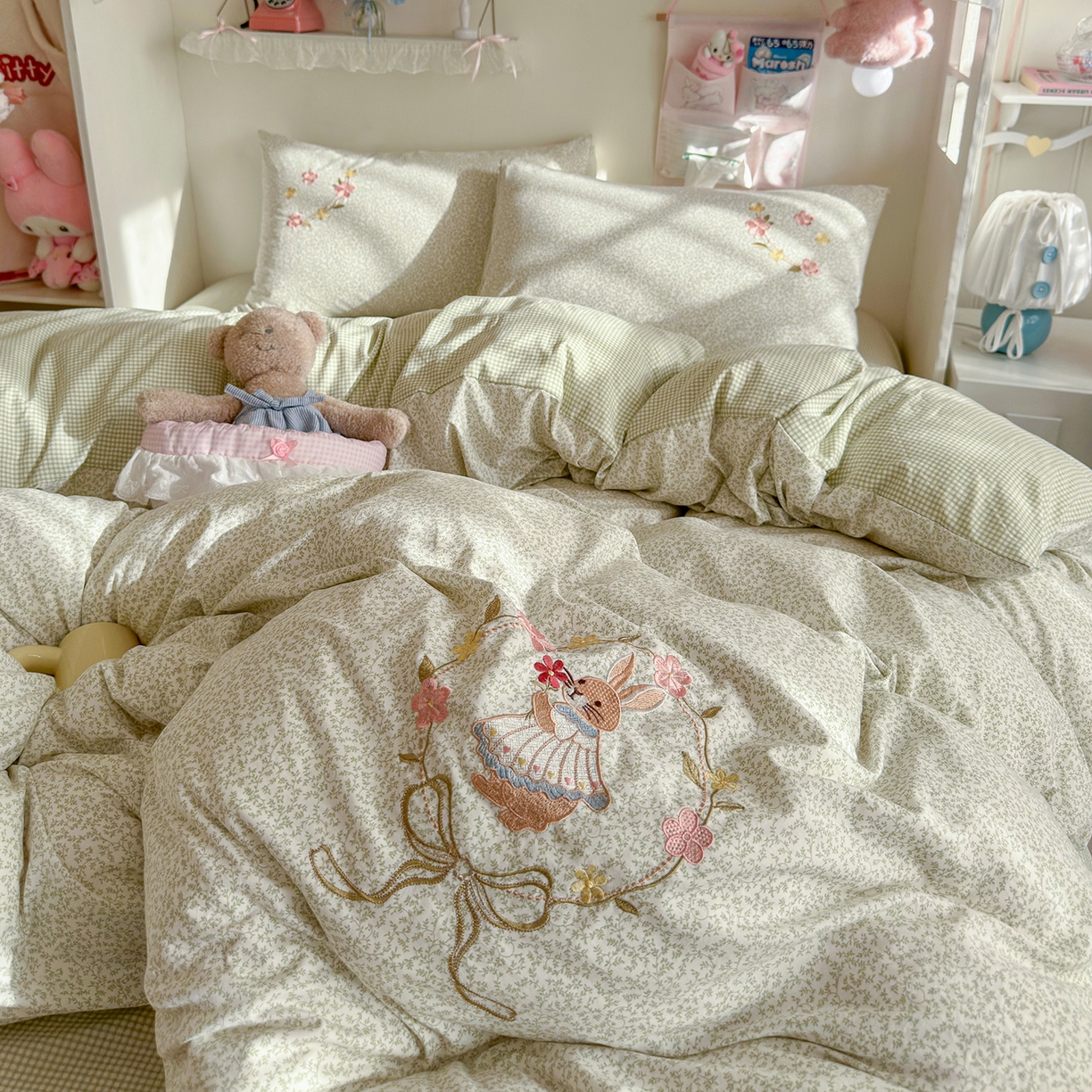 金梦拉家纺 2026春夏新款刺绣碎花仿棉水洗棉小清新系列四件套 花园兔-绿