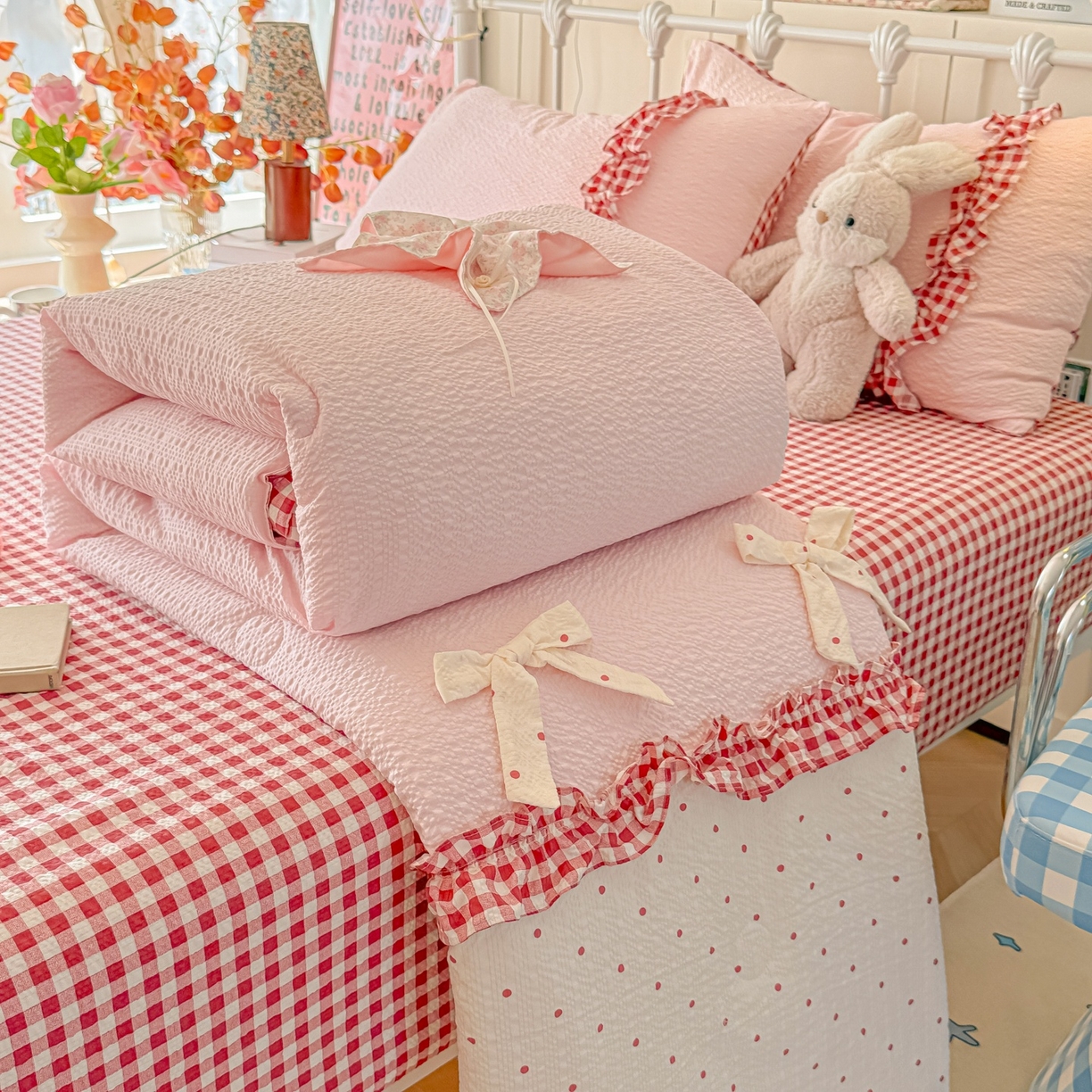 91家纺网 家纺一手货源 找家纺 （总）子钦家纺 2026新款提花泡芙面蝴蝶结花边韩剧女主感单夏被夏被夏凉被空调被四件套-奶油泡芙