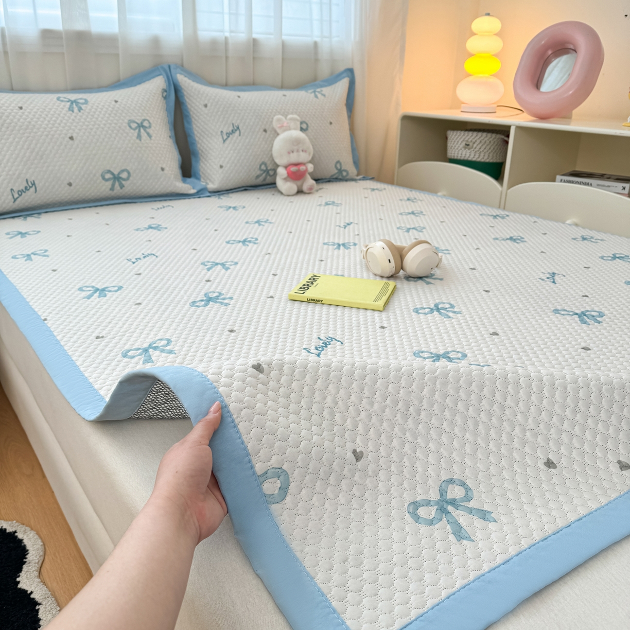 大元 2026新款冰豆豆数码印花席三明治底凉席席子 蓝色蝴蝶结