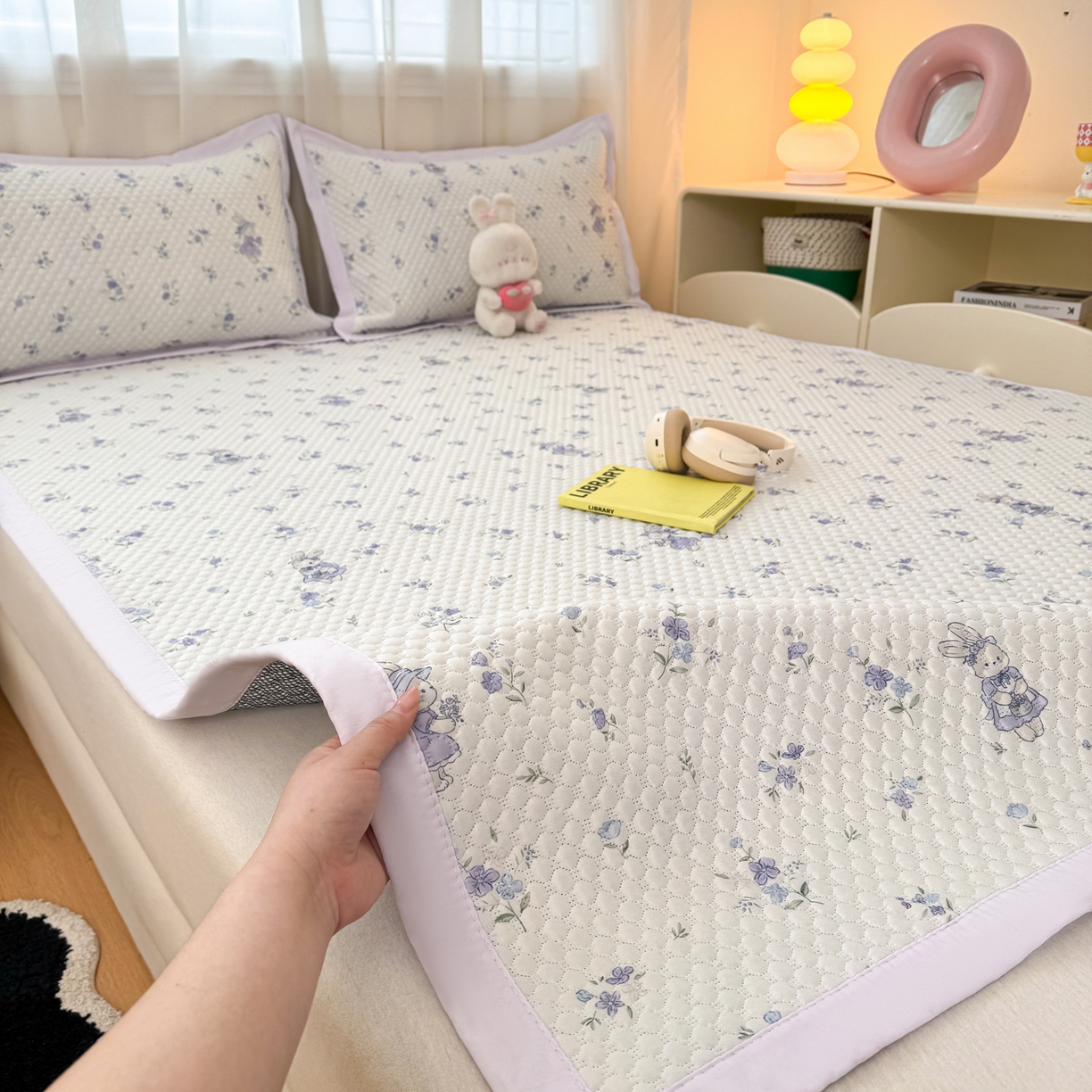 大元 2026新款冰豆豆数码印花席三明治底凉席席子 花田兔影